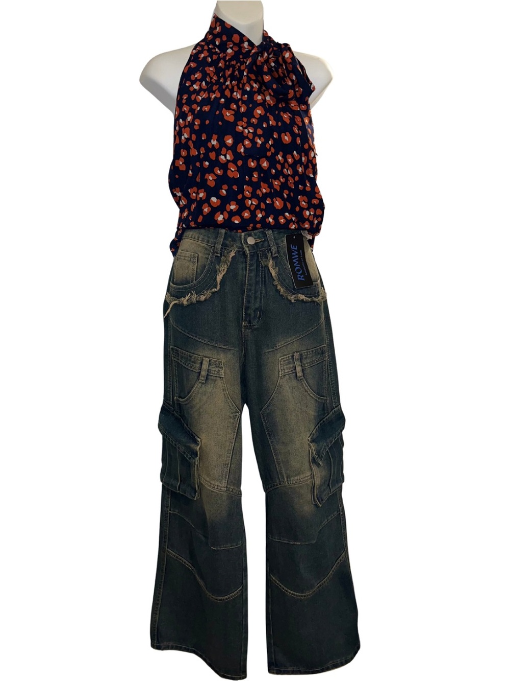 ROMWE Women's Wide Leg Cargo Jeans in Distressed Green-Gray